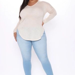 Beige Top w/ Faux Leather Elbow Patch